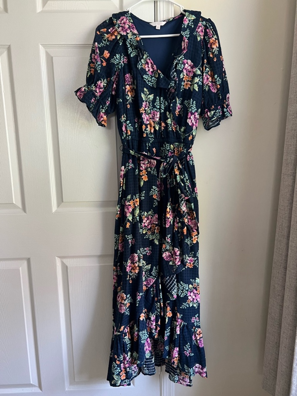 LC Lauren Conrad Navy Blue Floral Cottagecore Maxi Ruffle Tie Waist Dress Large